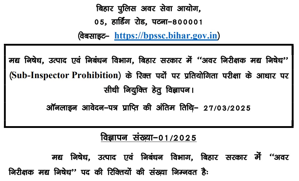 Bihar Police BPSSC SI Prohibition Online Form 2025